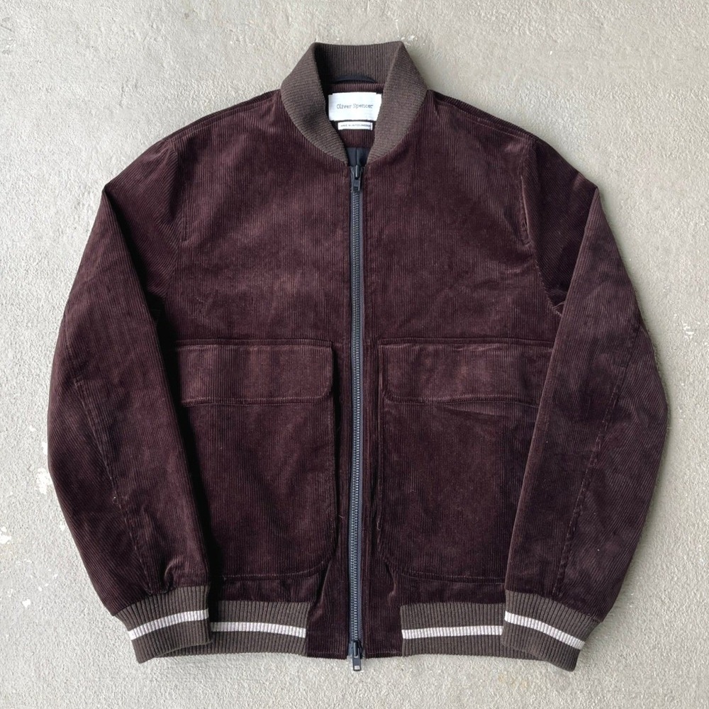 Oliver Spencer Brown Corduroy Bomber Jacket Made in UK Mens Size 44 Zip Front